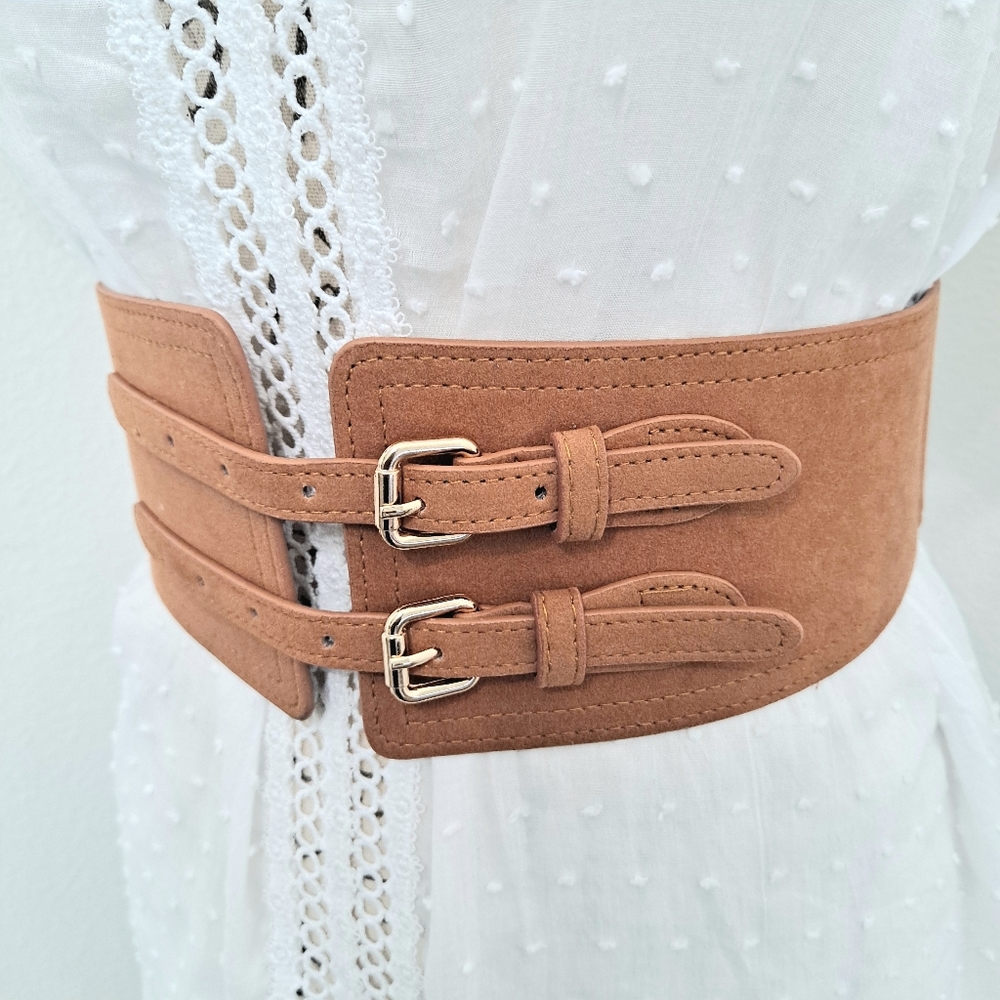 Boho Brown Wide faux suede leather double buckle corset waist elastic belt - Picture 5 of 12